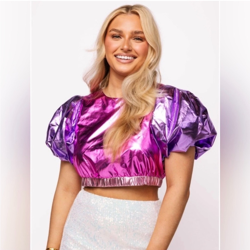 Queen of Sparkles Pink Purple Metallic Puff Sleeve Crop Top, Small, EUC